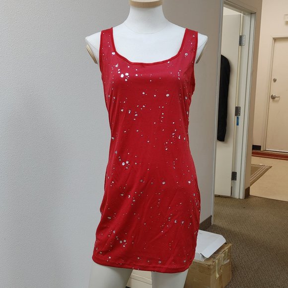MINI RED DRESS WITH SILVER MOLTEN DROPS BY FARIS STYLE SIZE L - Picture 1 of 8